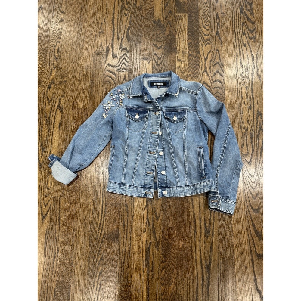 Women's Express Studded Distressed Denim Jacket Size S - Picture 1 of 12